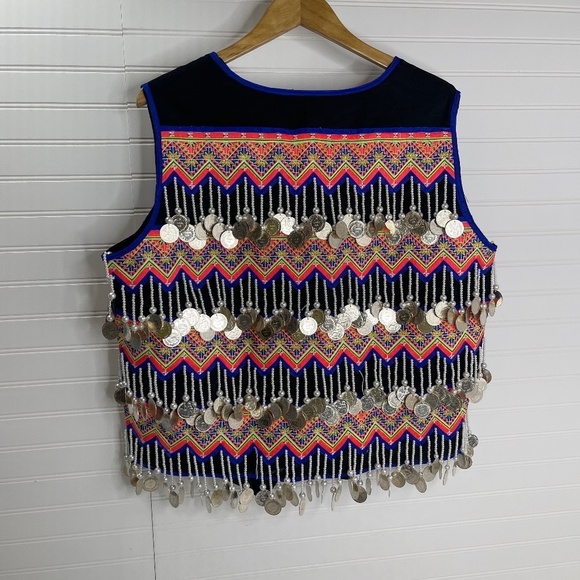 Blue Trim Hmong Men Nplai Coin Vest 48 - Picture 4 of 7